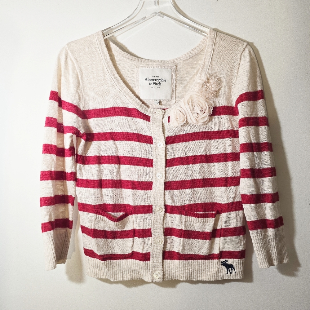​Abercrombie & Fitch Striped Cardigan Floral Detail Cream Red Moose Logo​